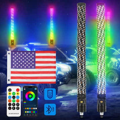 2PCS 2FT Fat Bluetooth Remote Control Colorful Spiral LED Whip Lights