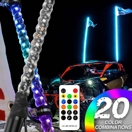 2PCS 4FT Bluetooth And Remote Control Colorful Spiralled Whip Light